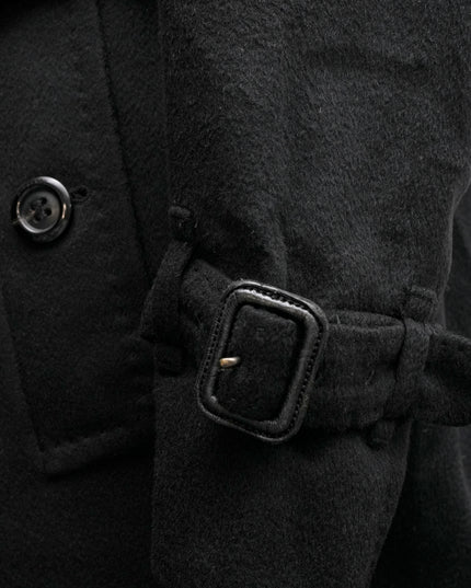 WOOL CASHMERE FOX FUR BELTED COAT BLACK – SIZE 40