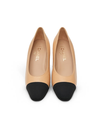 CC LOGO LEATHER X FABRIC PUMPS BEIGE X BLACK SIZE 38C