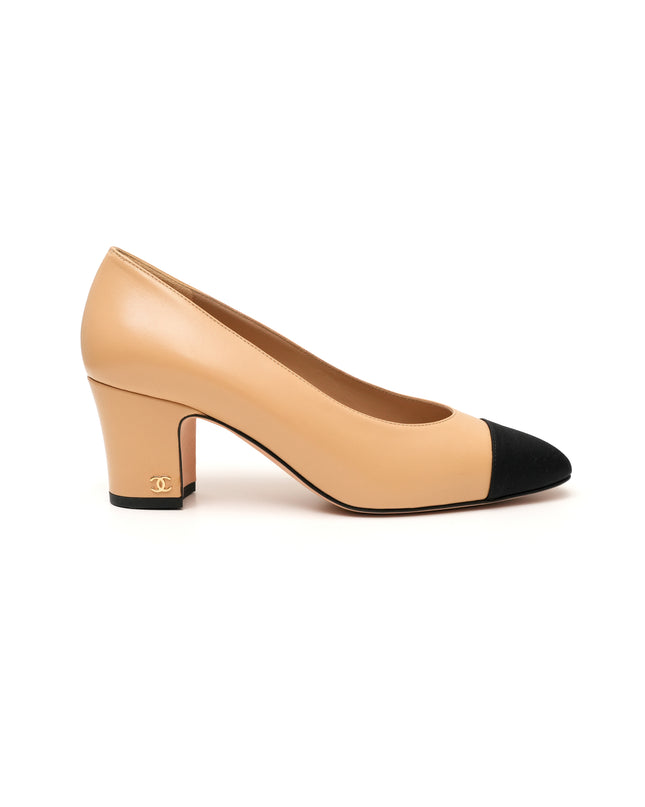 CC LOGO LEATHER X FABRIC PUMPS BEIGE X BLACK SIZE 38C