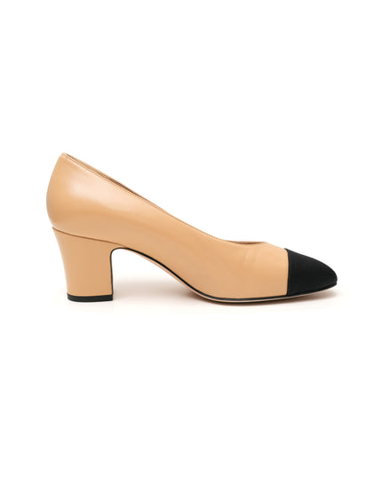 CC LOGO LEATHER X FABRIC PUMPS BEIGE X BLACK SIZE 38C