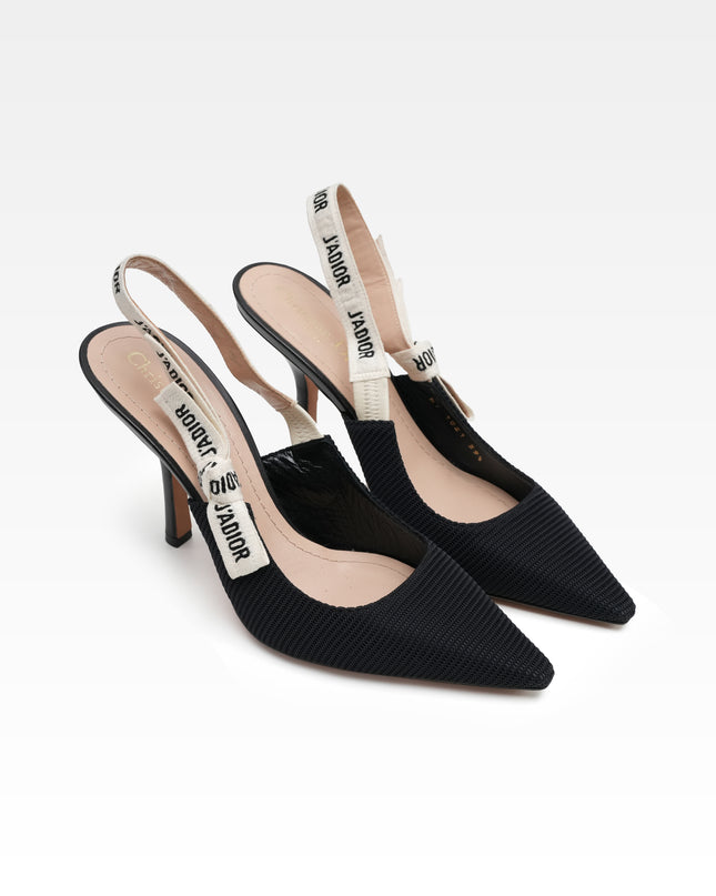 J’ADIOR LEATHER X FABRIC STRAP SLINGBACK PUMPS BLACK - SIZE 39.5