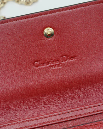 RED CANNAGE LEATHER WALLET ON CHAIN WITH LIGHT GOLD HARDWARE