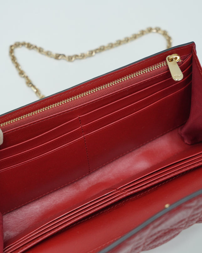 RED CANNAGE LEATHER WALLET ON CHAIN WITH LIGHT GOLD HARDWARE