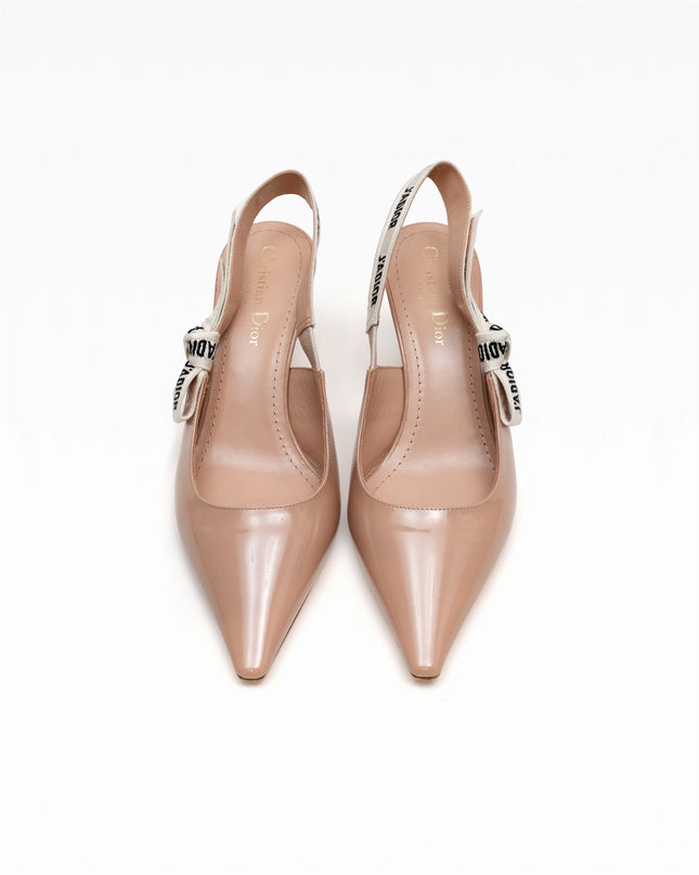 J’ADIOR PATENT LEATHER X FABRIC STRAP SLINGBACK PUMPS BEIGE X IVORY - SIZE 37