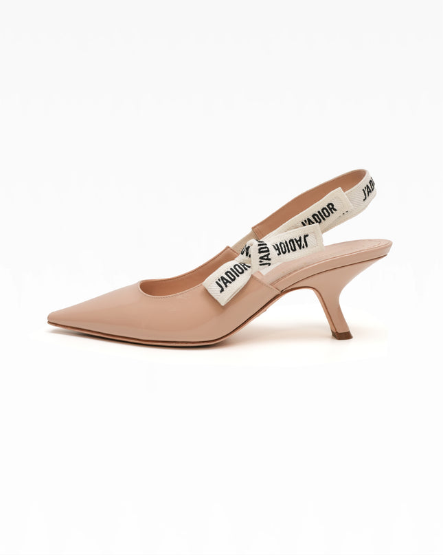J’ADIOR PATENT LEATHER X FABRIC STRAP SLINGBACK PUMPS BEIGE X IVORY - SIZE 37