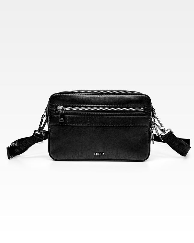 OBLIQUE SAFARI LEATHER SHOULDER BAG BLACK