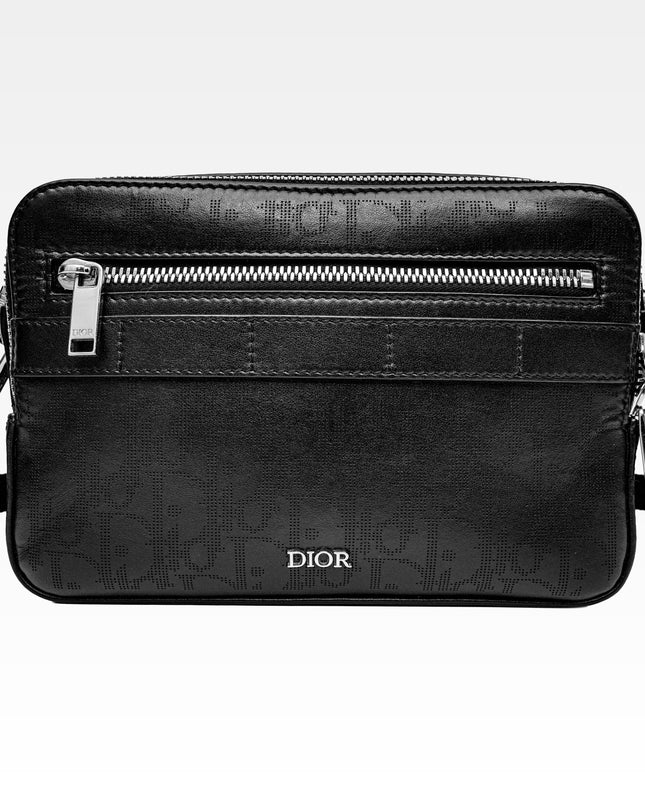 OBLIQUE SAFARI LEATHER SHOULDER BAG BLACK