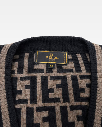 MONOGRAM ZUCCA PATTERN V-NECK BROWN CARDIGAN WOOL