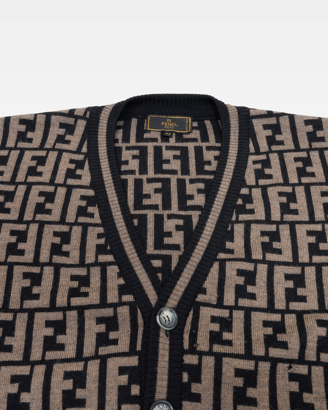 MONOGRAM ZUCCA PATTERN V-NECK BROWN CARDIGAN WOOL