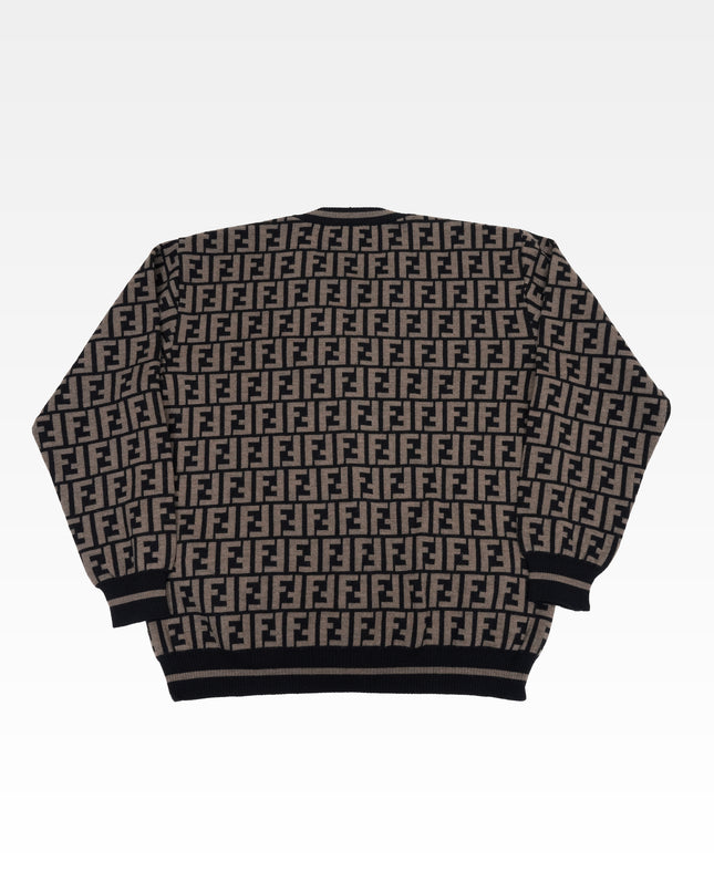 MONOGRAM ZUCCA PATTERN V-NECK BROWN CARDIGAN WOOL