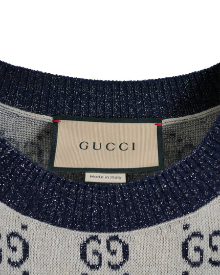 GUCCI GG LAME JACQUARD TOP SHORT SLEEVE KNIT IVORY GRAY