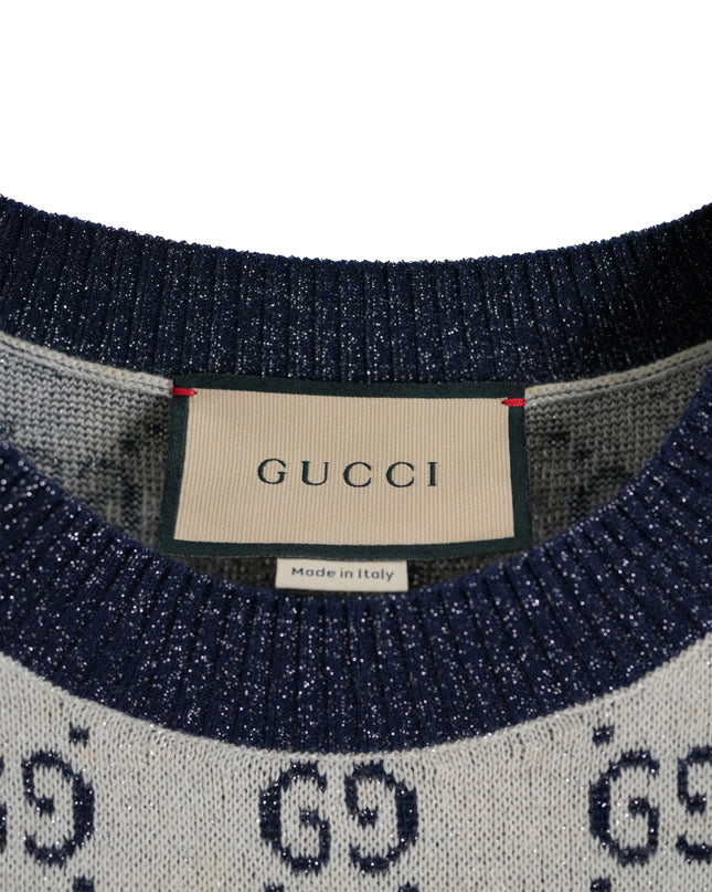 GUCCI GG LAME JACQUARD TOP SHORT SLEEVE KNIT IVORY GRAY
