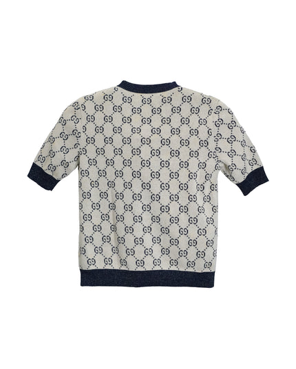 GUCCI GG LAME JACQUARD TOP SHORT SLEEVE KNIT IVORY GRAY