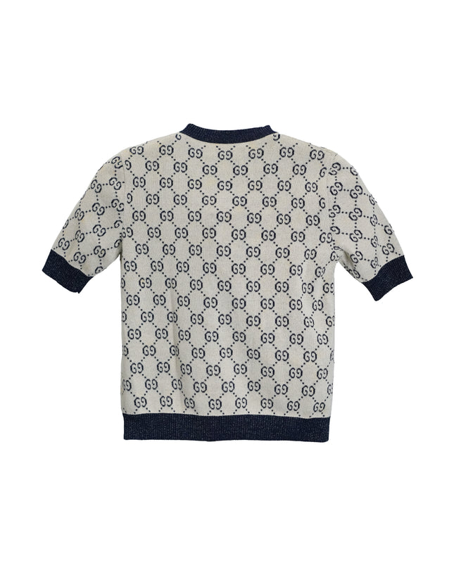 GUCCI GG LAME JACQUARD TOP SHORT SLEEVE KNIT IVORY GRAY