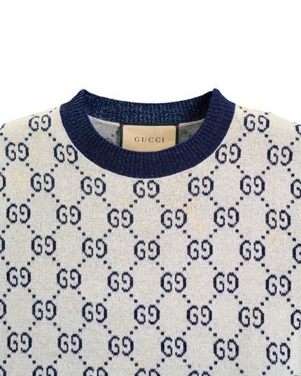 GUCCI GG LAME JACQUARD TOP SHORT SLEEVE KNIT IVORY GRAY