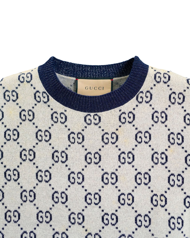 GUCCI GG LAME JACQUARD TOP SHORT SLEEVE KNIT IVORY GRAY