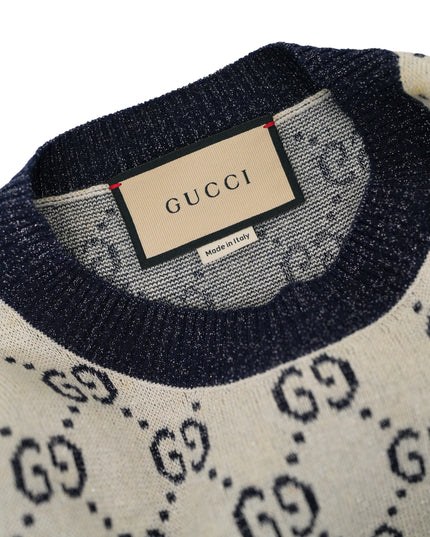 GUCCI GG LAME JACQUARD TOP SHORT SLEEVE KNIT IVORY GRAY