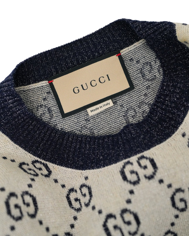 GUCCI GG LAME JACQUARD TOP SHORT SLEEVE KNIT IVORY GRAY