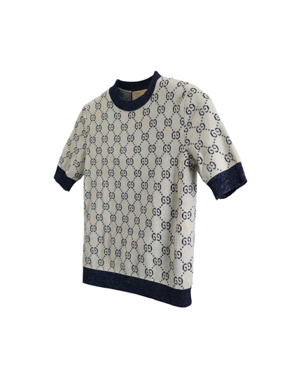 GUCCI GG LAME JACQUARD TOP SHORT SLEEVE KNIT IVORY GRAY