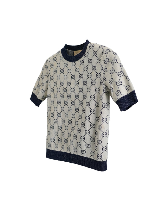 GUCCI GG LAME JACQUARD TOP SHORT SLEEVE KNIT IVORY GRAY