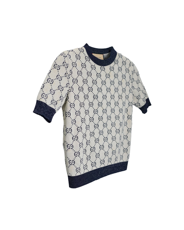 GUCCI GG LAME JACQUARD TOP SHORT SLEEVE KNIT IVORY GRAY