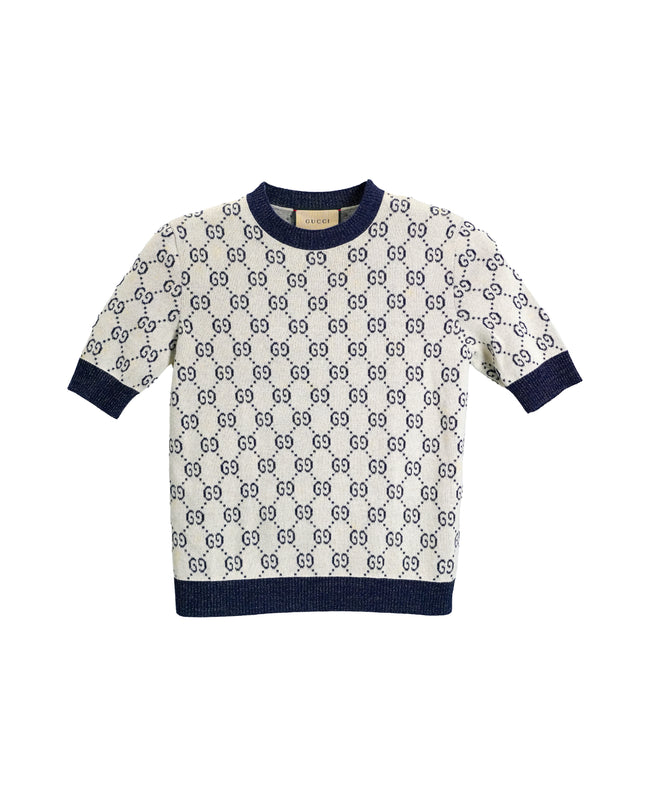 GUCCI GG LAME JACQUARD TOP SHORT SLEEVE KNIT IVORY GRAY