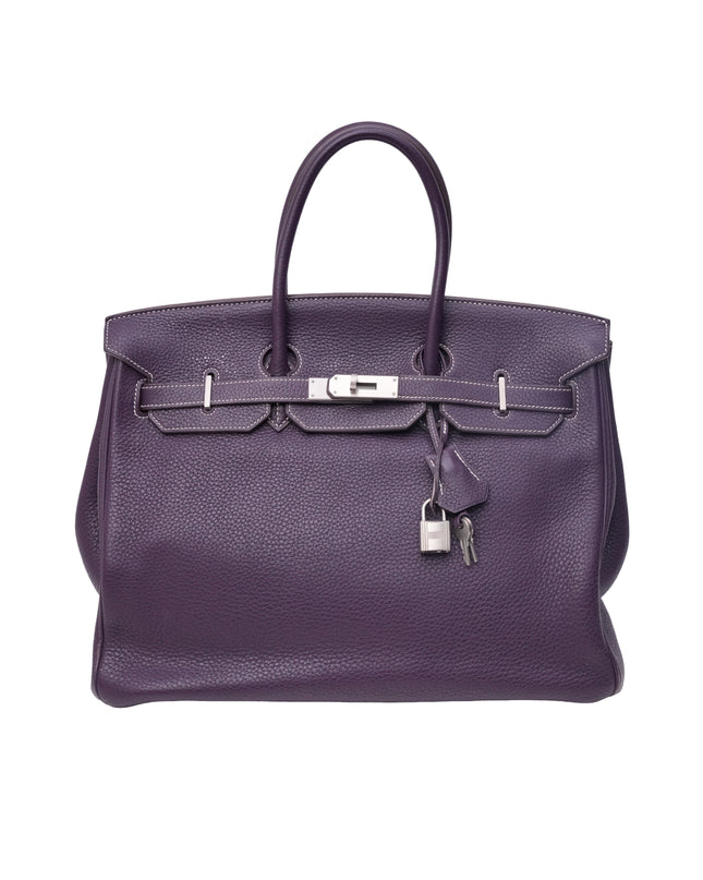 BIRKIN 35 RAISIN CLEMENCE LEATHER BRUSHED PALLADIUM HARDWARE STAMP N