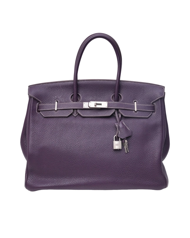 BIRKIN 35 RAISIN CLEMENCE LEATHER BRUSHED PALLADIUM HARDWARE STAMP N