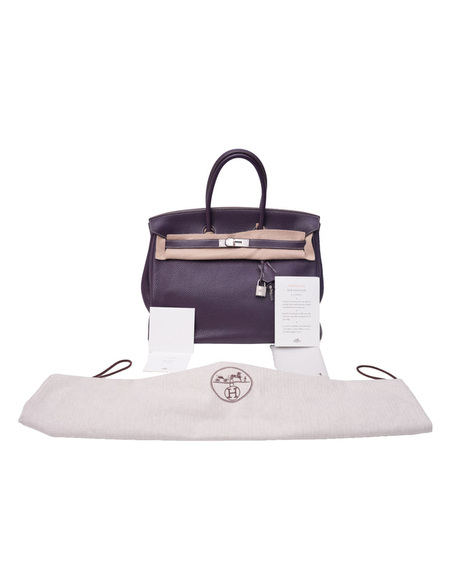 BIRKIN 35 RAISIN CLEMENCE LEATHER BRUSHED PALLADIUM HARDWARE STAMP N