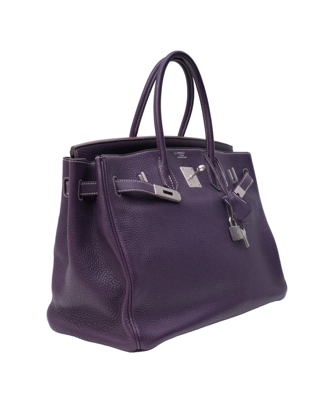 BIRKIN 35 RAISIN CLEMENCE LEATHER BRUSHED PALLADIUM HARDWARE STAMP N