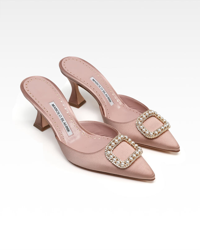 SATIN LEATHER MULE LADIES PINK BEIGE BIJOU