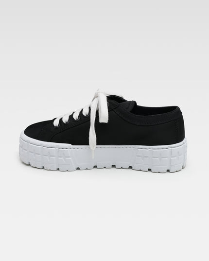 RE NYLON & LEATHER SNEAKERS LADIES BLACK DOUBLE WHEEL THICK BOTTOM LOGO GABARDINE