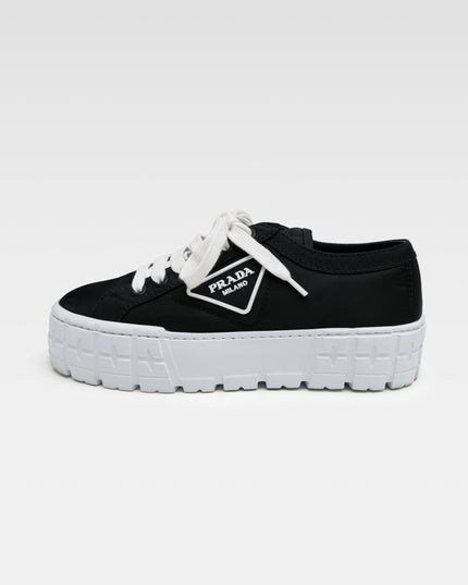RE NYLON & LEATHER SNEAKERS LADIES BLACK DOUBLE WHEEL THICK BOTTOM LOGO GABARDINE