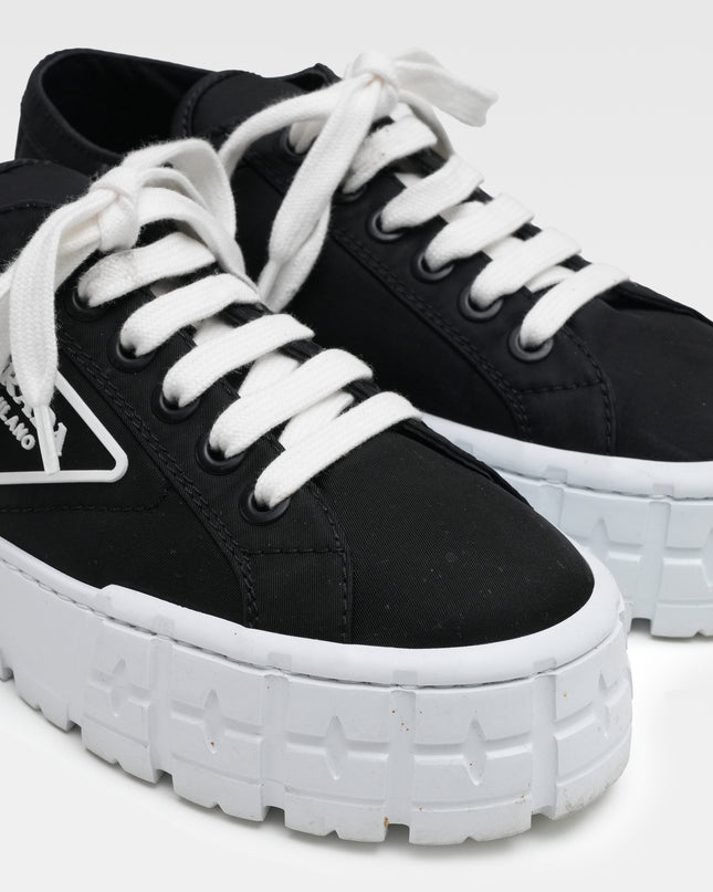 RE NYLON & LEATHER SNEAKERS LADIES BLACK DOUBLE WHEEL THICK BOTTOM LOGO GABARDINE