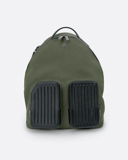 NEVER STILL BACKPACK OLIVE GREEN LEATHER-TRIMMED CANVAS