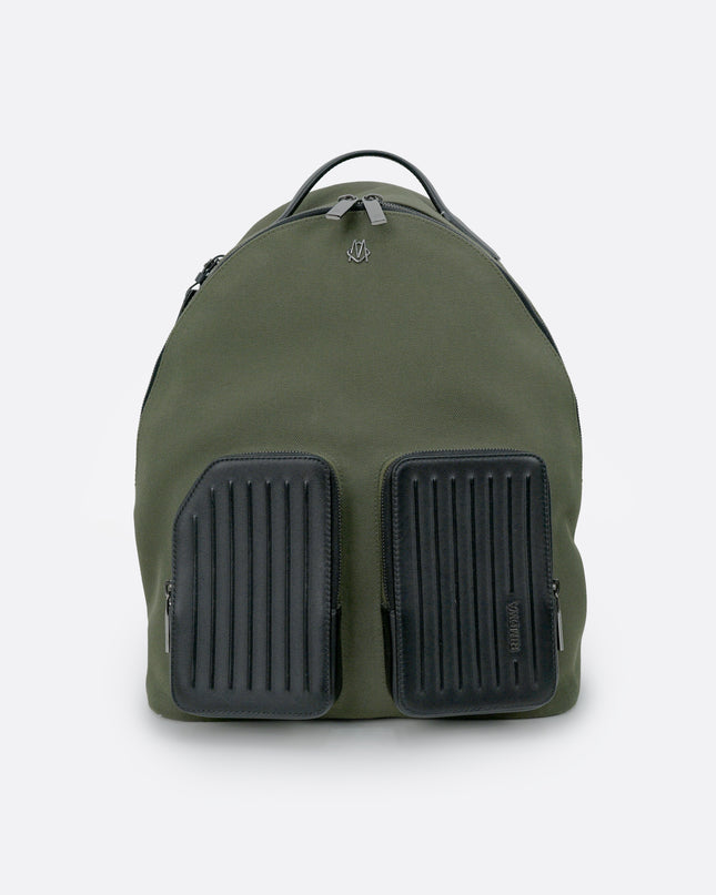 NEVER STILL BACKPACK OLIVE GREEN LEATHER-TRIMMED CANVAS
