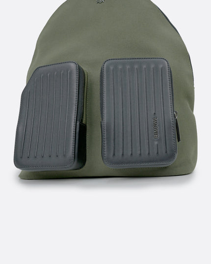 NEVER STILL BACKPACK OLIVE GREEN LEATHER-TRIMMED CANVAS