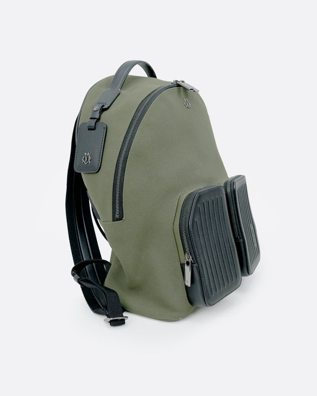 NEVER STILL BACKPACK OLIVE GREEN LEATHER-TRIMMED CANVAS
