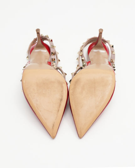 GARAVANI ROCKSTUDS LEATHER & PATENT STRAP LADIES PUMPS RED x BEIGE