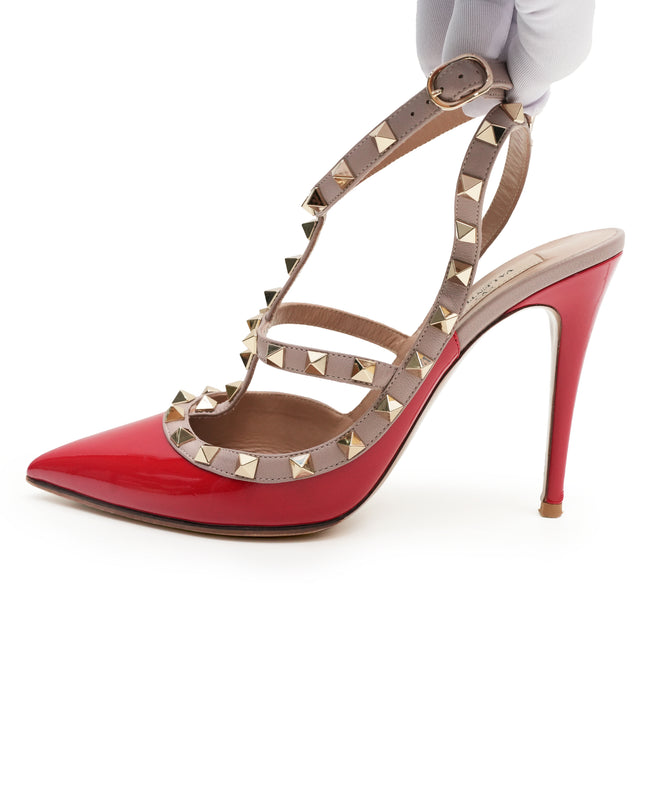 GARAVANI ROCKSTUDS LEATHER & PATENT STRAP LADIES PUMPS RED x BEIGE