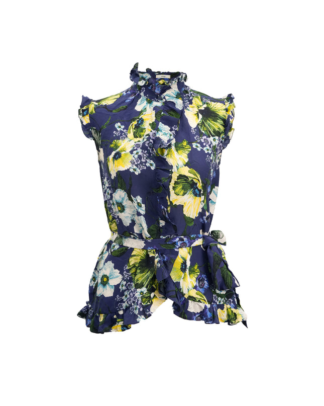 FLORAL-PRINT NAVY SILK TOP SIZE 40