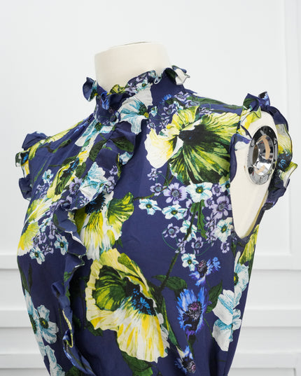 FLORAL-PRINT NAVY SILK TOP SIZE 40