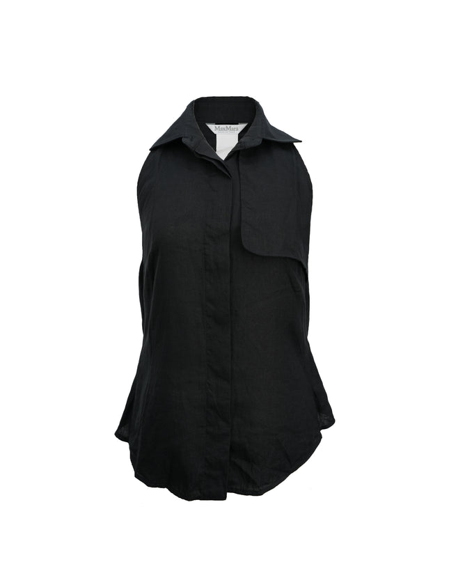 SLEEVELESS COLLARED LINEN BLOUSE BLACK SIZE 44