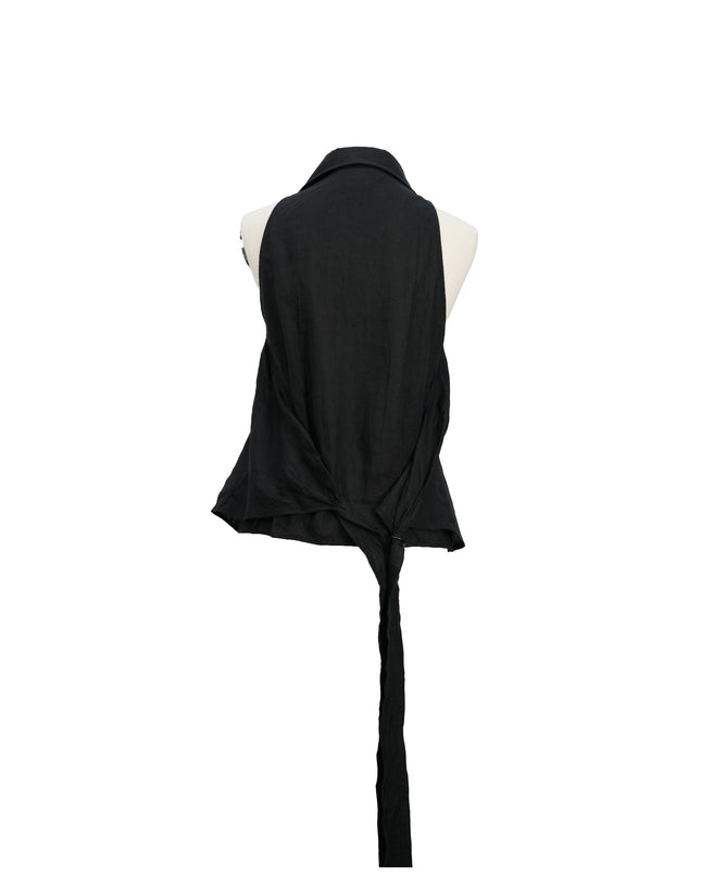 SLEEVELESS COLLARED LINEN BLOUSE BLACK SIZE 44