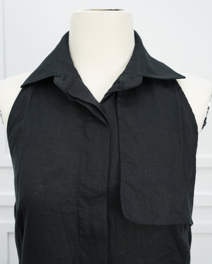 SLEEVELESS COLLARED LINEN BLOUSE BLACK SIZE 44