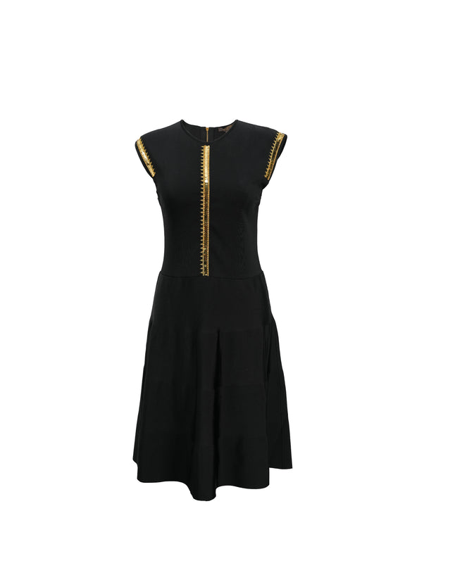 FIT-AND-FLARE BLACK DRESS WITH GOLD DETAILING SIZE M
