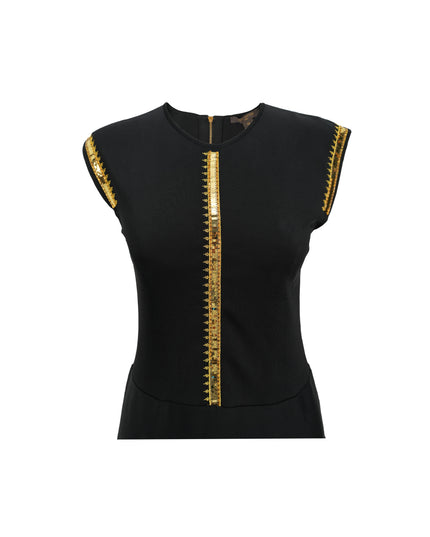 FIT-AND-FLARE BLACK DRESS WITH GOLD DETAILING SIZE M