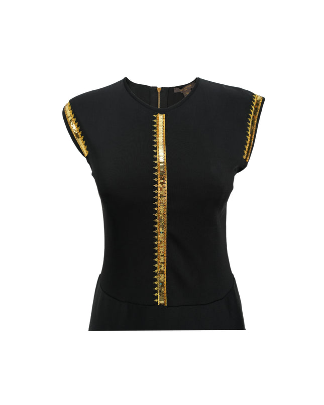 FIT-AND-FLARE BLACK DRESS WITH GOLD DETAILING SIZE M