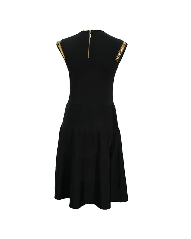 FIT-AND-FLARE BLACK DRESS WITH GOLD DETAILING SIZE M