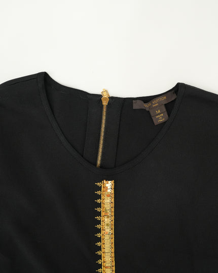 FIT-AND-FLARE BLACK DRESS WITH GOLD DETAILING SIZE M